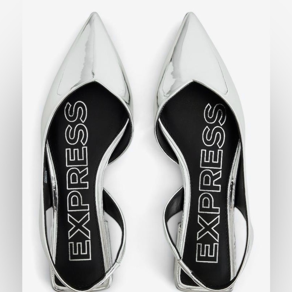 Express Mirror Metallic Silver Slingback Flats Size 9